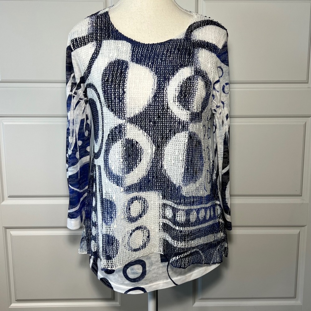 Jess & Jane White Blue Abstract Circles Print Tunic Top Made in USA‎ Small